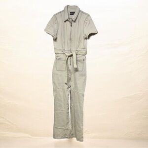 Urban Outfitters Cream Short-Sleeve Utility Jumpsuit stretchy denim Belted large